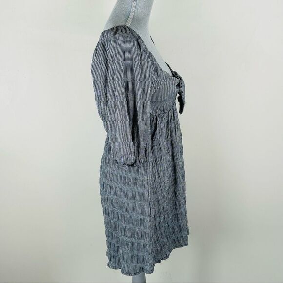 NWT Forever 21 Black White Gingham Babydoll Dress SZ S Tie Front Puff Sleeves - Picture 6 of 10